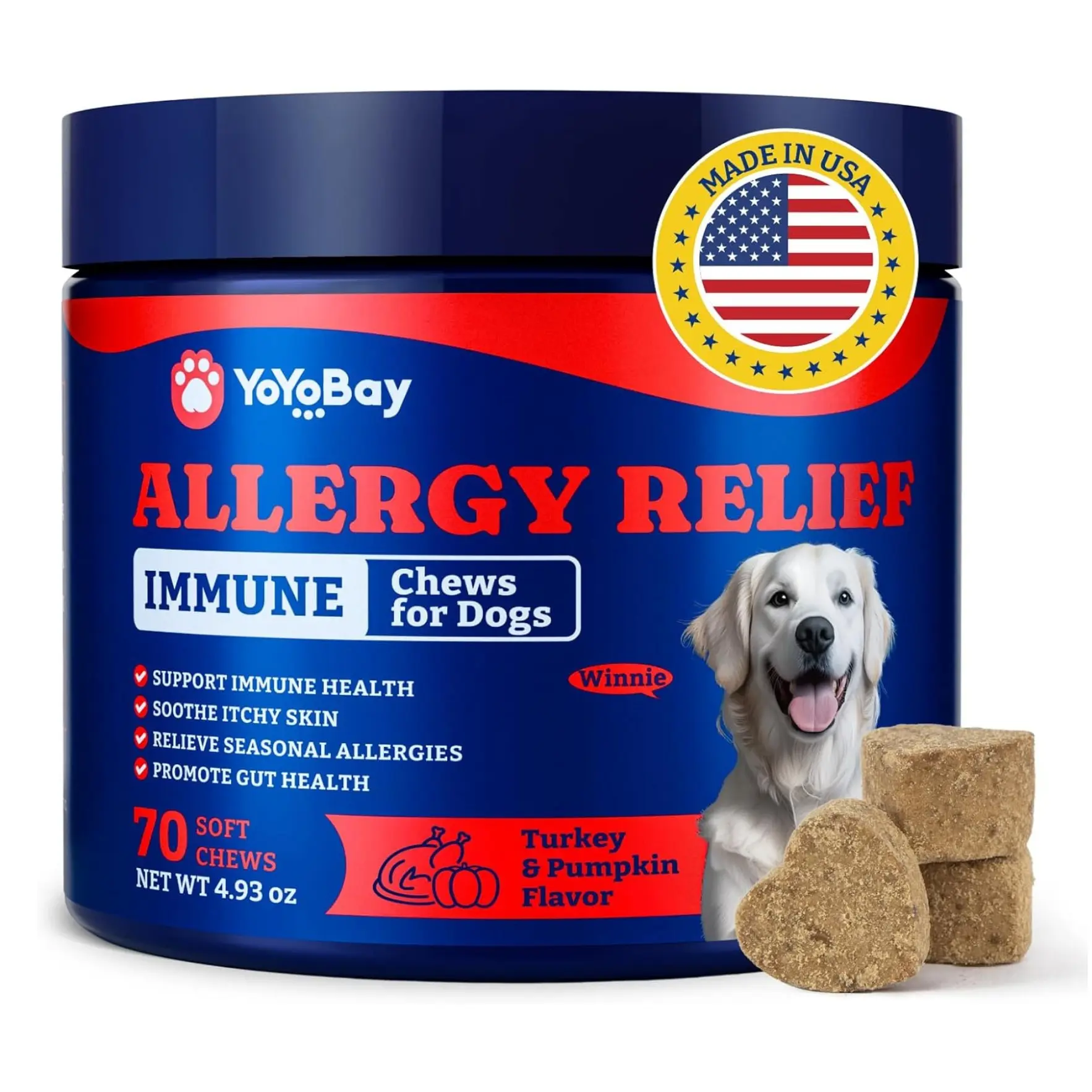 Dog Allergy Relief Chews – 70 & 180 Soft Chews of YoYoBay, Turkey & Pumpkin Flavor - YoYoBay Immune Support & Itch Relief Supplement with Colostrum, Astragalus Root, 6-Strain Gut Health Blend, Soft Treats
