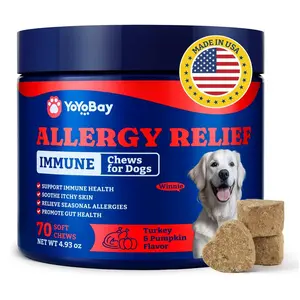 Dog Allergy Relief Chews – 70 Soft Chews of YoYoBay, Turkey & Pumpkin Flavor - Immune Support & Itch Relief with Colostrum, Astragalus Root, 6-Strain Gut Health Blend