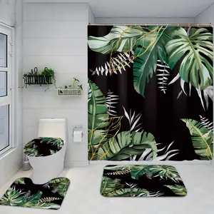 1/4 piece black base turtle back leaf pattern, set includes shower curtain, toilet seat cushion, bathroom cushion and toilet lid cover, elegant bathroom decoration, with 12 hooks, can also choose shower curtain, waterproof partition curtain,
