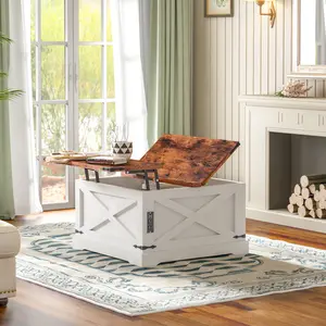 Soges Lift-Top Coffee Table with Charging & Hidden Storage - White Farmhouse Multi-Function Design desk, 10CZLXCT01