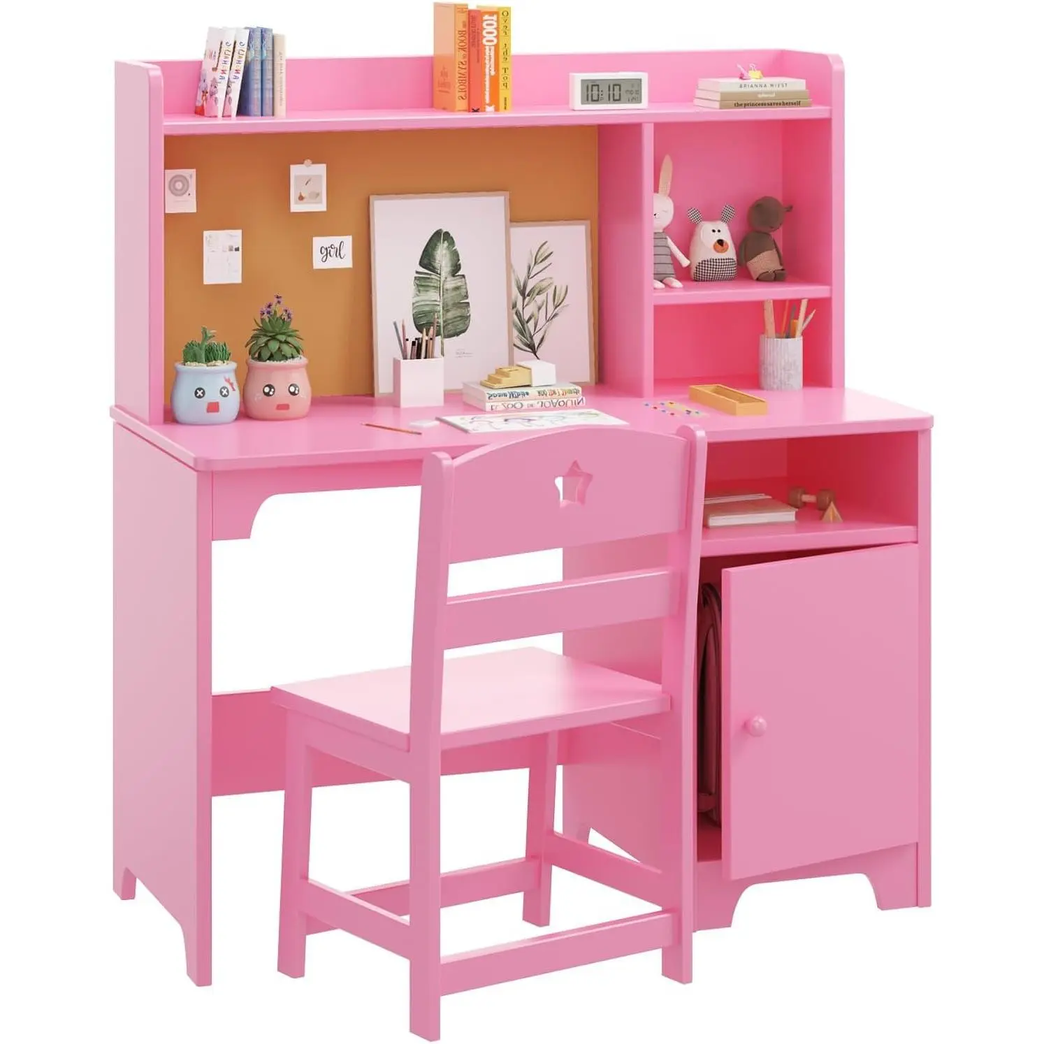 Desk & Chair Set,Wooden Student Writing Table and Computer Workstation with Hutch & Storage Cabinet for Kids' Bedroom or Study Room,Pink