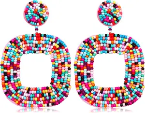 Beaded Drop Earrings Bohemian Wire Wrapped Beaded Square Hoop Dangle Statement Earrings