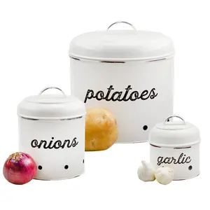 Enamelware Potatoes, Onions and Garlic Canister Set (White)
