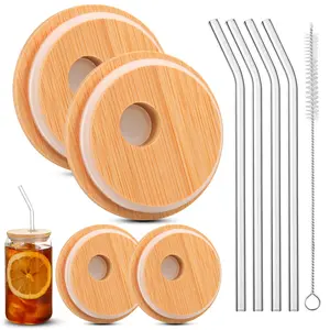 4 Pack Wood Lids For Glass Cups,Cymuber Reusable Bamboo Lids for Glass Cups,Fit for 2.36 inch/60mm Internal Diameter Airtight Regular Mouth with Canning Lids for Drinking jars, Beer Glasses,Soda Can