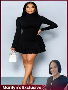Women's Elegant Party Dress, Knitted High Neck Long Sleeve Ruched Mini Dress B889, Slim Fit Plain Design for Fall & Winter, Womenswear, Elegance