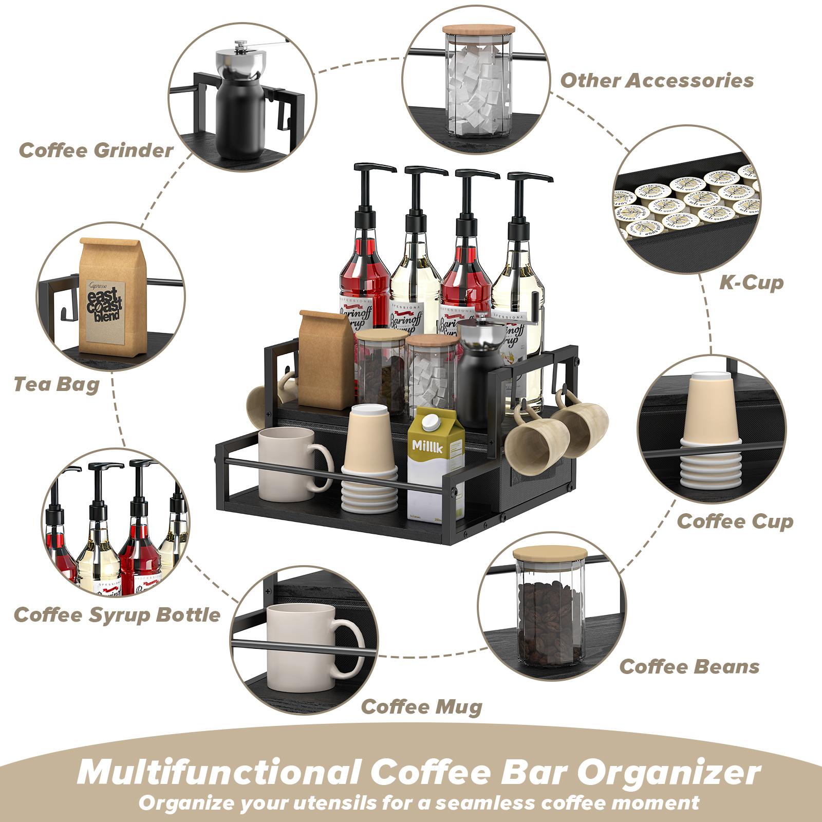 Zaldia Coffee Syrup Organizer Rack 2-Tier with K Cup Storage Drawer & Syrup Rack Station Classic Black Wooden Three-Tier for Wine Tea Condiment