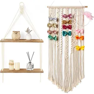 Macrame  Shelf Boho Wall Decor 2 Tier   Rope Rustic  Floating Shelves Macrame Bow Holder  Hair Bow Organizer for Girls Hair Bows,Boho Wall Hair Clips He