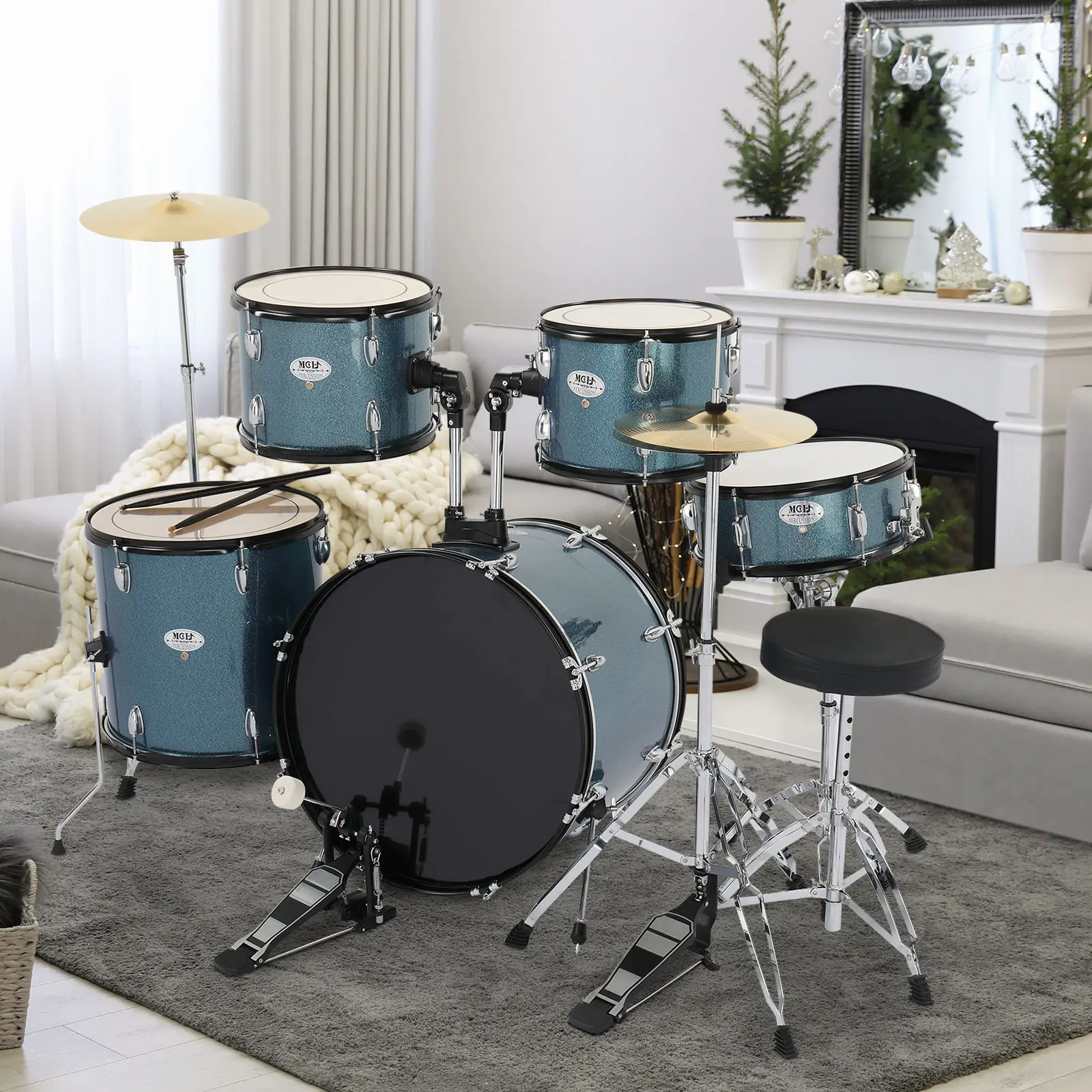 Full Size Adult & Teens Acoustic Drums Kit - Affordable 5-Piece Black Percussion Instrument with 16in Ride Cymbal, 14in Hi-Hat Cymbals, Bass Drum, 2 Toms, Snare, Floor Tom, Adjustable Stool, Pedal, Sticks, Musical Gift