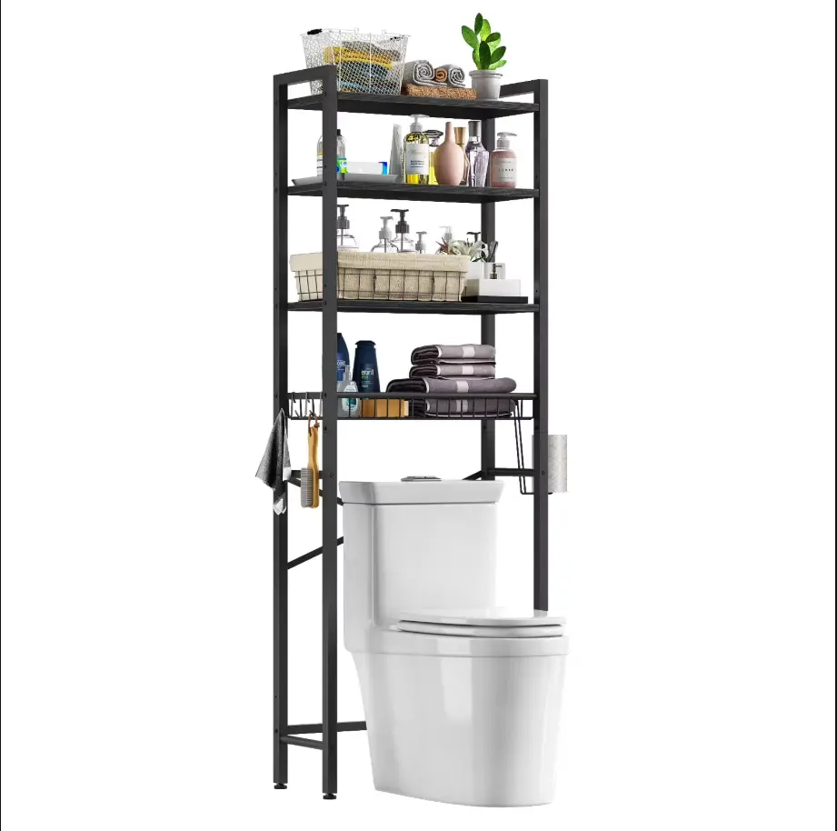 Over The Toilet Storage Shelf, 4-Tier Wooden Bathroom Organizer Adjustable Saver Space Rack with Toilet Paper Holder