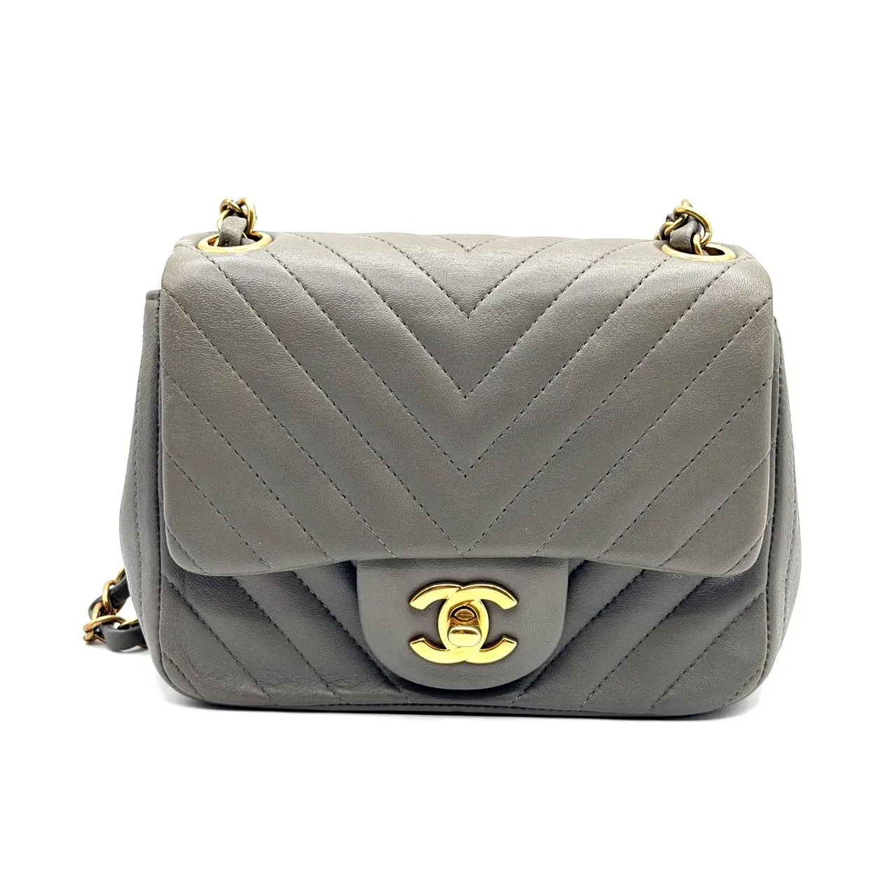 Pre-owned CHANEL Leather Shoulder Bags CALUXB Lambskin Chevron Quilted Mini Square Flap Grey GHW
