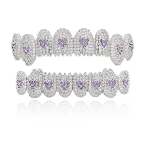 2pcs/set Silvery Golden Color Plated Purple Heart Shark Teeth Cubic Synthetic Zirconia Teeth Mouth Grillz, Perfect for Halloween Costume Accessory, Hip Hop Bling Jewelry for women Oral Cosmetic