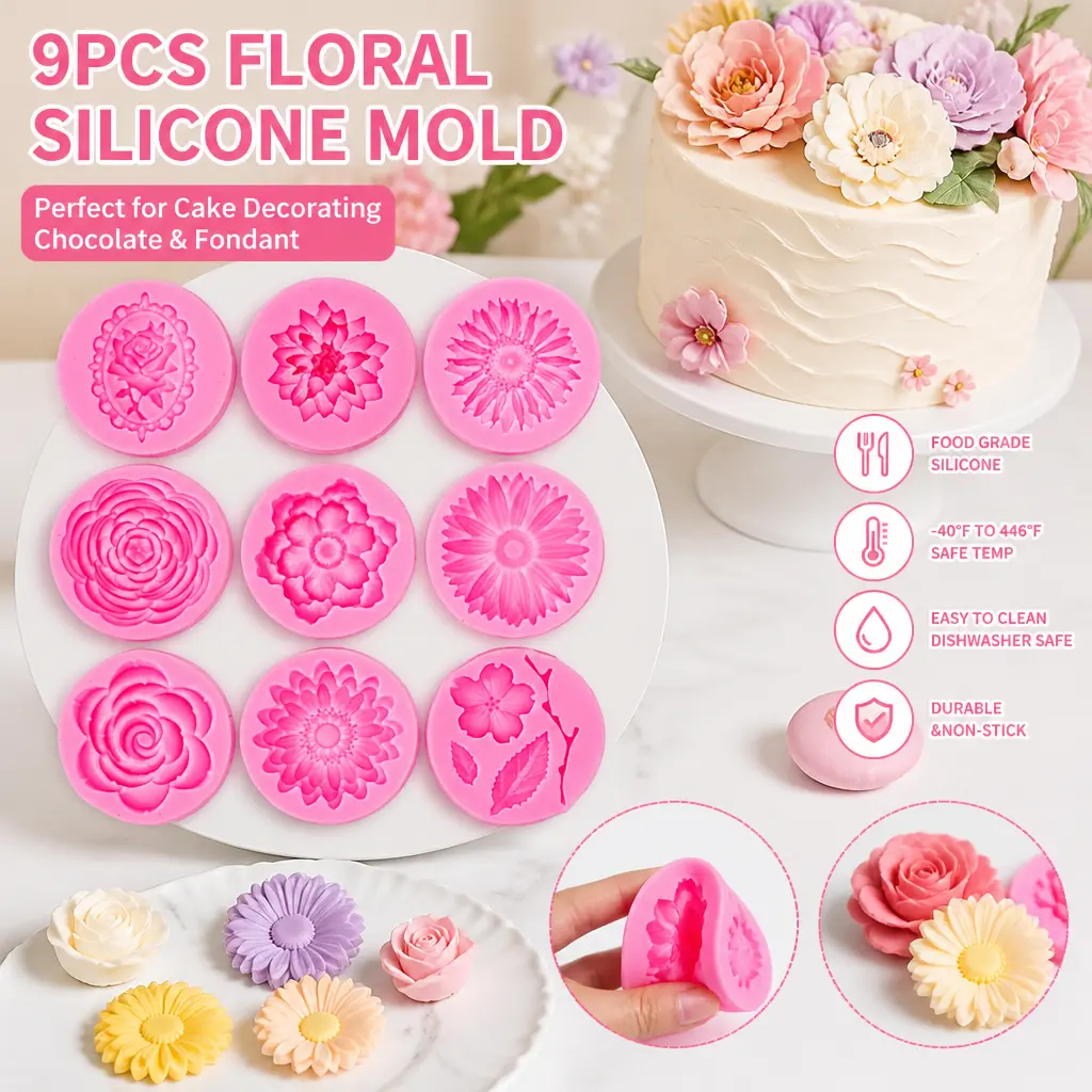 9 Pcs Silicone Flower Fondant Molds - Non-Stick Candy Molds Set for Cupcake Decor, Baking Cups, Cookie Making, Restock Deals