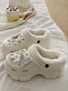 Autumn Winter Casual Pearl Butterfly Faux Fur Hole Shoes, Indoor Home Student Dorm Thick Sole Anti-Slip Warm Simple Design Slippers Indoor