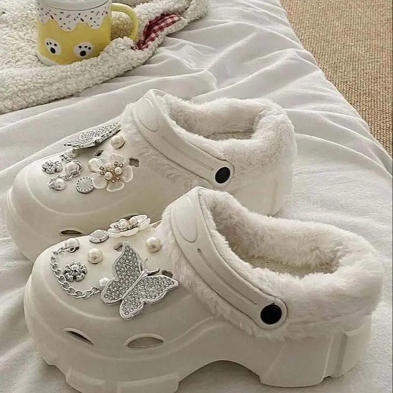 Autumn Winter Casual Pearl Butterfly Faux Fur Hole Shoes, Indoor Home Student Dorm Thick Sole Anti-Slip Warm Simple Design Non Slip Thick Soled Slippers Indoor