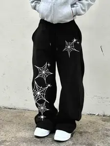 Men's Casual Loose-Fitting Sweatpants with Spider Web Graphic Print, Drawstring Long Wide-Leg Pants for All Seasons, Ideal for Relaxed Style