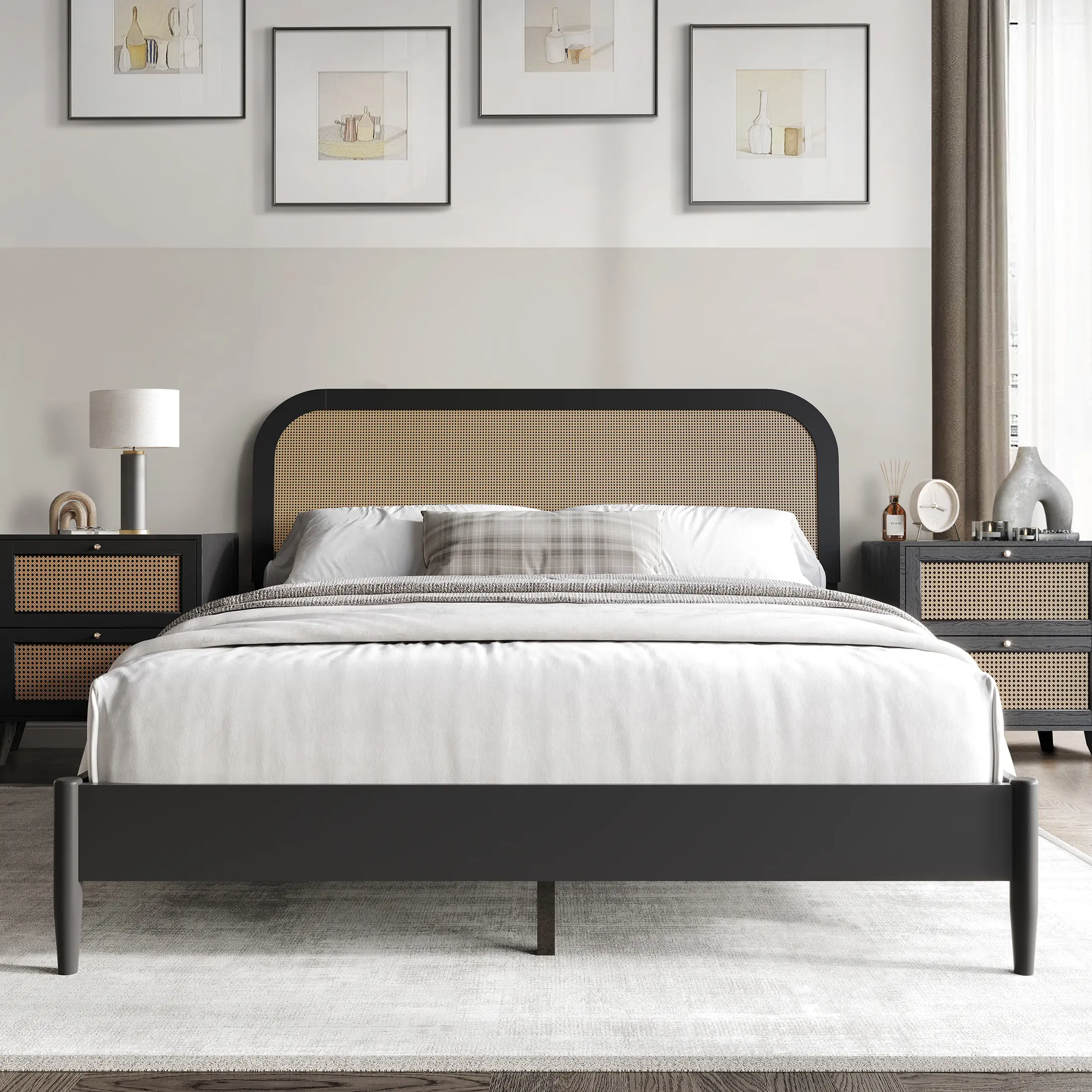 Mid-Century Modern Bed Frame with Cane Headboard, Upholstered Platform Bed, Rubberwood & MDF Frame, Curved Headboard, Twin/Full/Queen/King