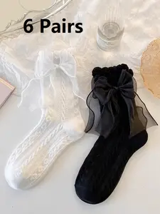 Cute Lace Bow Frilly Socks, Breathable Lace Socks for Mary Janes, 6 Pairs, Stylish & Comfortable Footwear Accessories, Womenswear