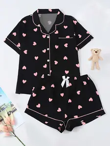 Women's Clothing Heart Print Sleepwear Loungewear Set, Cute Button Shirt & Shorts Pajamas Pjs, Comfortable Romantic Love Design, Casual Loose Fit, All Seasons