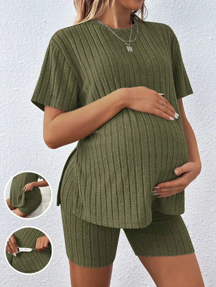 Maternity Women's Loose Round Neck T-Shirt With Adjustable Elastic Waistband Shorts, Maternity Two-Piece Set, Pregnancy Clothes