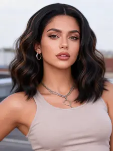 Brown Highlights Short Bob Wavy Wigs for Women Water Wave Wig 13*4*1 HD Lace Front Wigs Natural Looking Synthetic Middle Part Lace Front Hair for Everyday Hairstyle Lace Frontal