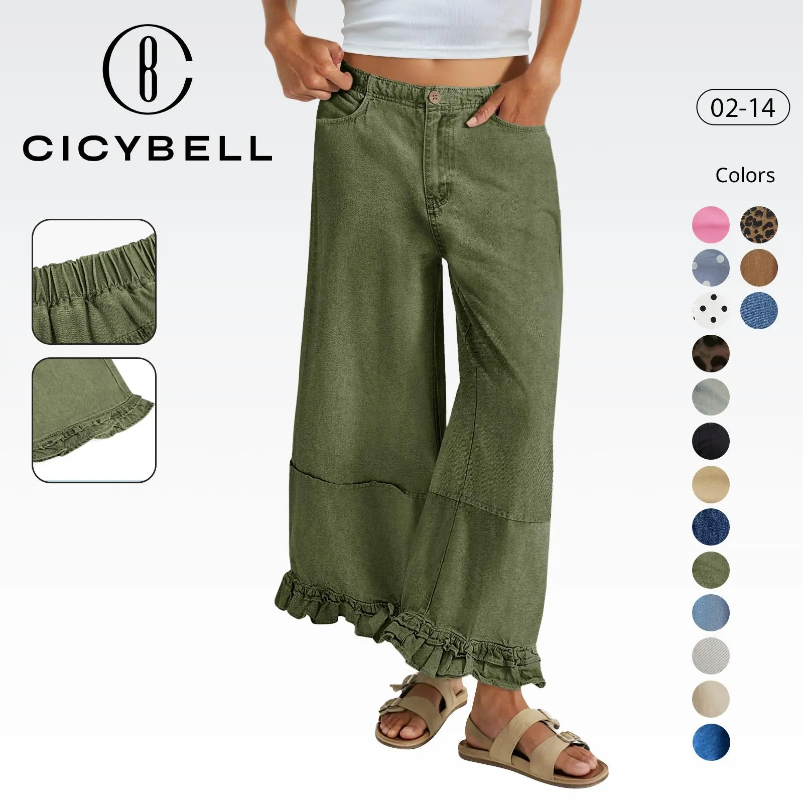 Cicy Bell Women's Ruffle High-Waisted Elastic Cropped Wide-Leg Baggy Denim Jeans - Streetwear Basic Bottom Trouser Clothes with Pockets