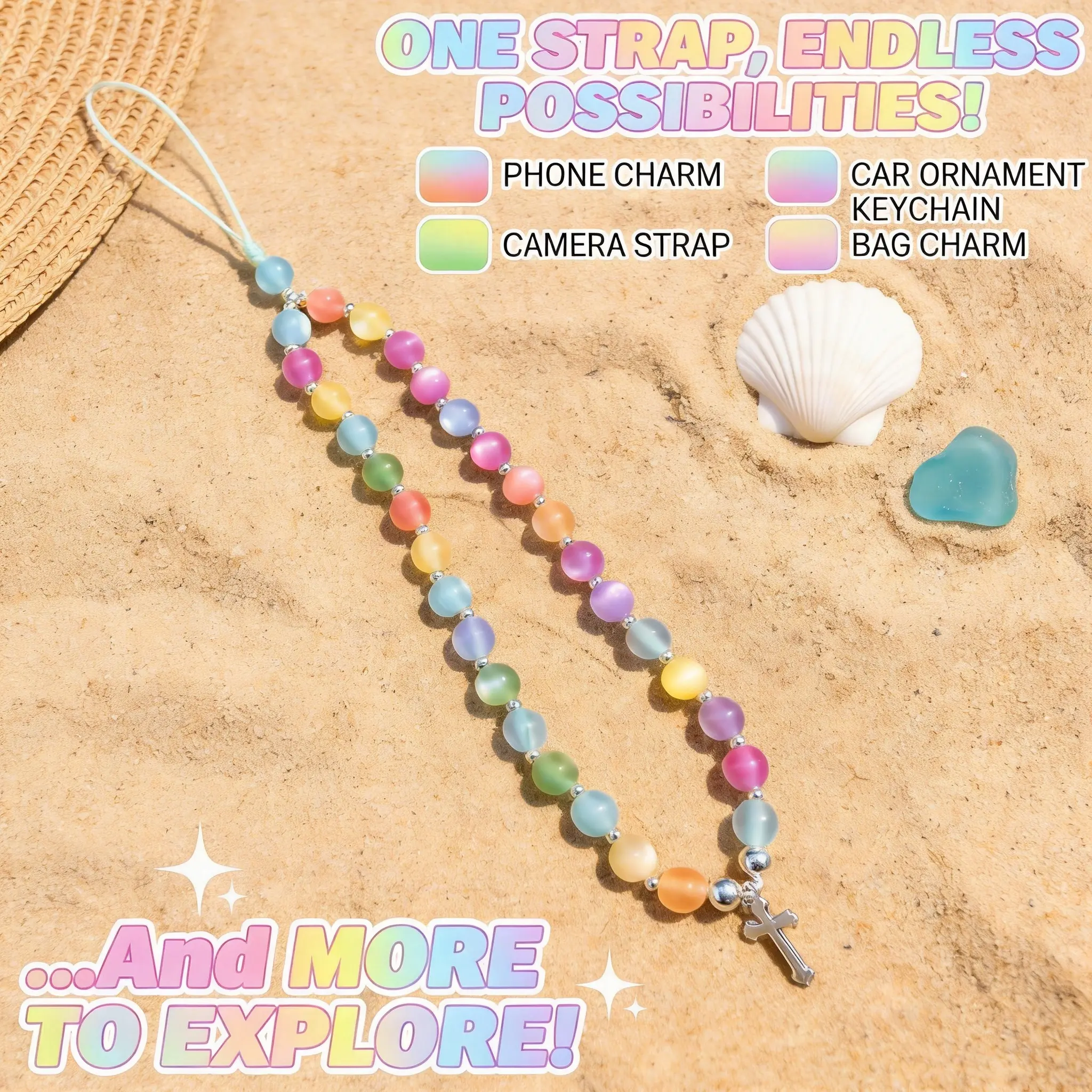 Color Changing Lanyard Keychain, Baroque Plastic Strap with Colorful 8mm Rainbow Beads, UV-Reactive Accessories for Phones & Bags, Fashion Accessory, Long Lanyard Keychains, Daily, Aesthetic, Unisex, Ball Chain