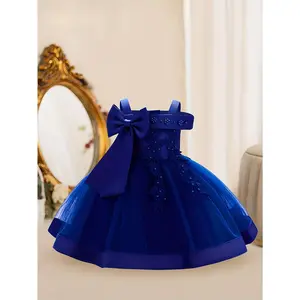 Girls Elegant Flower Embroidered Mesh Splicing Cami Dress, Bowknot Decor Sleeveless Gowns, Baby Girl's Clothing For Formal Occasion/Birthday Party/Photography