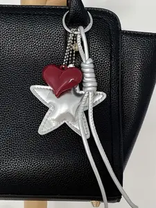 Fashionable Bag Ornament - Pu Leather Silver Star+Red Peach Heart Pendant And Silver Braided Simple Keychain Luggage Pendant/Keychain, Bag Decoration, Valentine's Day Gift, Love Pendant, Bag Charm Keychain