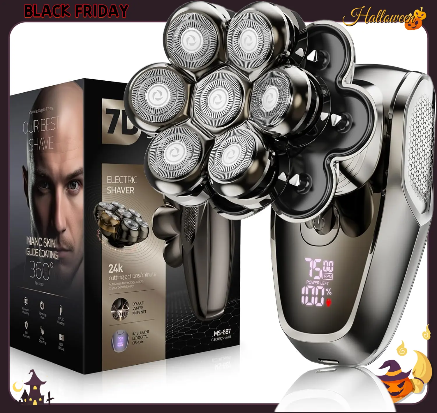 WAEN 7D Floating Head Razor for Men IPX7 Waterproof Removable Magnetic Shaving Head LED Display Dry Wet Shaving Type-C Charge Smooth Shave Electric Trimmer Shaver Handle Anti Dandruf