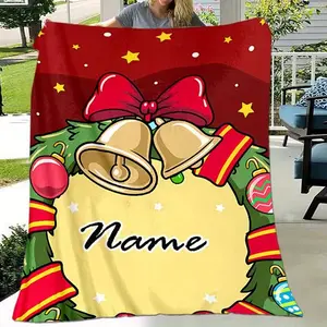Hailonshop Funny Comfy Polyester Blanket Personalized Christmas wreaths and bell name blankets made of soft, warm, and comfortable wool, perfect for sofa beds, offices,Christamas Present