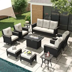 LayinSun 10 Piece Wicker Patio Furniture Set with Fire Pit Table, Classis Outdoor Conversation 360 Degree Swivel Chairs Set with Coffee Table