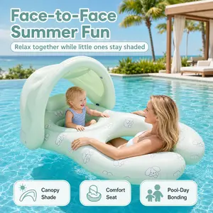 Parent-Child Double Swimming Ring with Canopy, 115x75cm/45x30in Inflatable Baby Pool Float Seat, Non-Toxic PVC Float Together Lounger with Soft Leg Cradles, Headrest & Sun Shade for Infant Toddler Mom Dad Pool, Beach & Summer Water Play