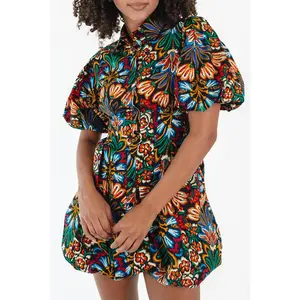Multicolour Floral Puff Short Sleeve Shirt Mini Dress