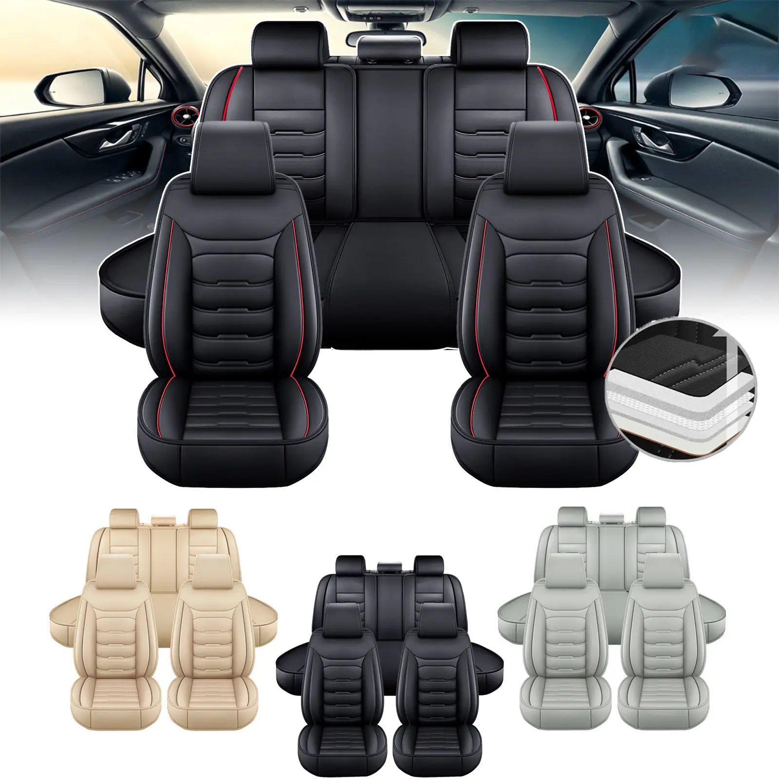 5 Seats Full Set Car Seat Covers,Luxury Waterproof PU Leather Cushion Protectors,40/60 Split Front and Rear Bench Seat,Full Surround Car Interior Cush