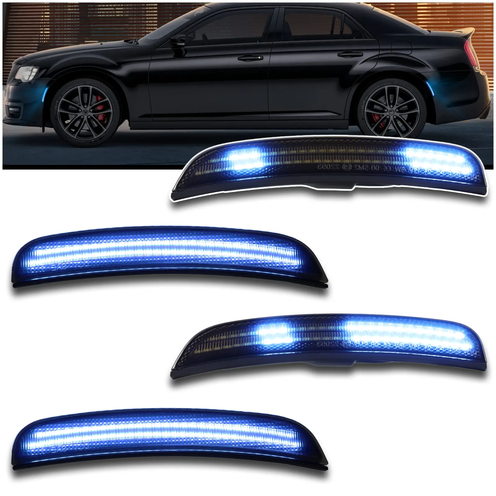 Smoked LED Side Marker Lights for 2015-2024 Chrysler 300 Dynamic Sequential Turn Signals Ice Blue Front Rear Plug & Play 4-Piece Direct Fit