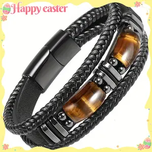Men's Handmade Tiger's Eye and Black Leather Bracelet with Magnetic Clasp - Elegant Natural Stone Accessory, Casual Wrist Jewelry |   Refined Style |   Braided Strap
