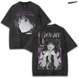 Kaoruko Waguri – The Fragrant Flower Blooms with Dignity Washed Manga Tee 260GSM with Purple Mood Art | Embrace the Quiet Power of Beauty Basic Button