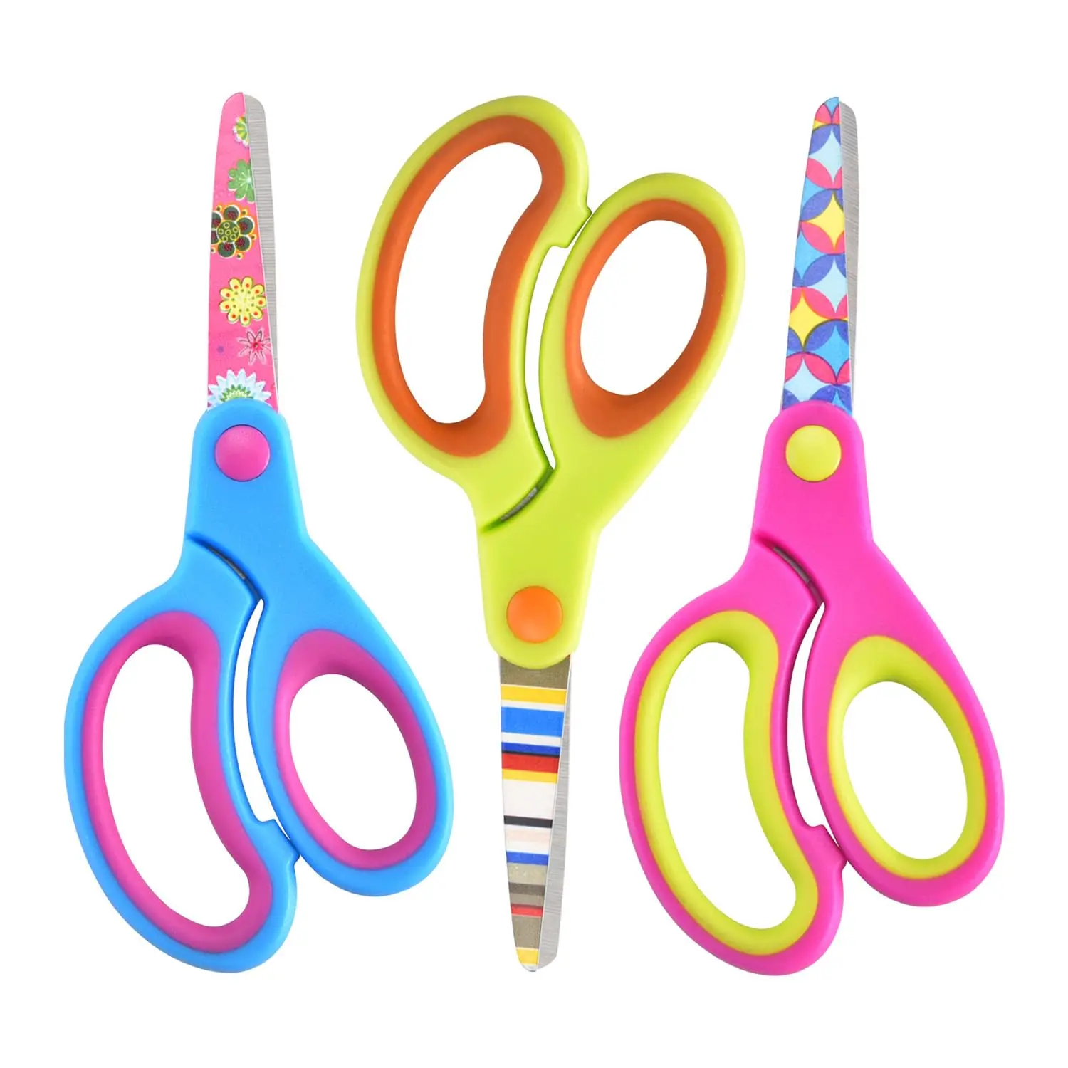 Kids Scissors Set, Safety Children Scissors with Blunt-Tip Floral Print Blade and Soft Grip, Great for DIY, Arts, Home, School Classroom Use, Blue/Purple/Yellow