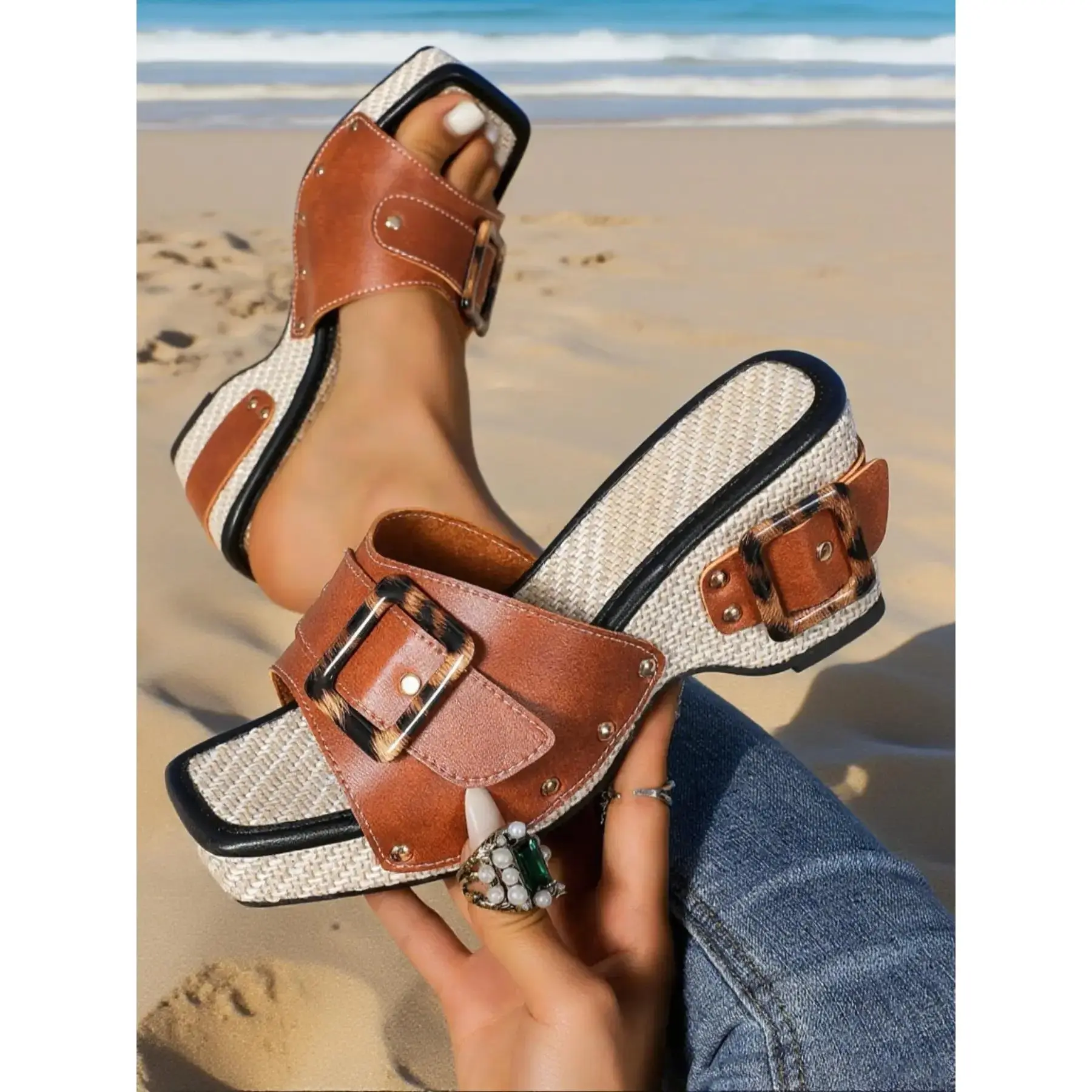 Women's Fashionable Adjustable Strap Platform Sandals, Casual Comfortable Sandals for Beach & Camping, Perfect for Summer Vacation & Outdoor Activities, Footwear, Adjustable Slide Sandals