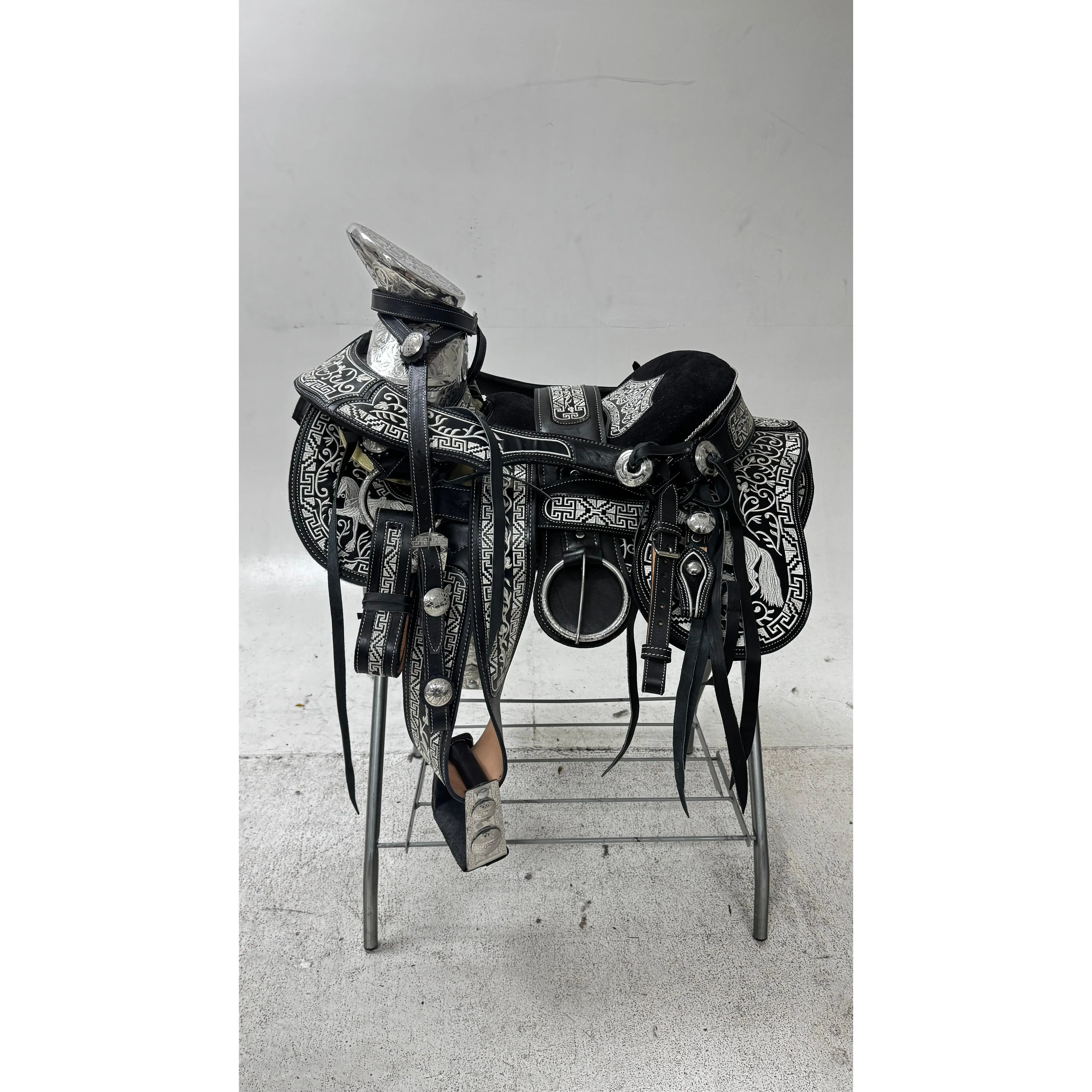 Charro Saddle – Black with Silver Embroidery & Floral Design (15.5”)