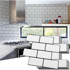 Peel and stick backsplash  thickened stick on subway tiles faux ceramic tiles for kitchen bathroom white with black grout
