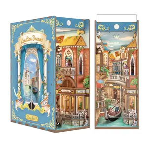 Tonecheer 3D Wooden DIY Book Nook Kit for Adults, Romantic Gift with Dust Cover, LED Lights, Bookend Miniature House Bookshelf Insert Decor (Venetian Dreams)