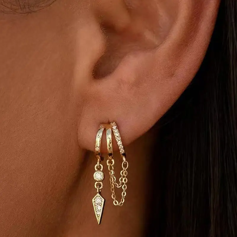 Dangle Earrings for Women,Gold Plated Triple Huggie Stud Earrings Cute Statement Chain Earring Dainty Drop Earrings for Women Trendy Gold Jewelry, All Seasons Use Hoop Earrings Versatile Earrings