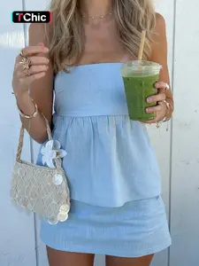 Women's Casual Crop Top & Skirt Set, Sleeveless Slim Fit Basic Design, Plain Pattern H-Type Silhouette, Perfect for Daily Wear