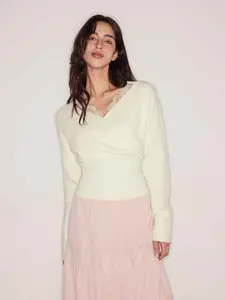 Cider Knit V-neck Solid Lace Trim Wrap Long Sleeve Top
