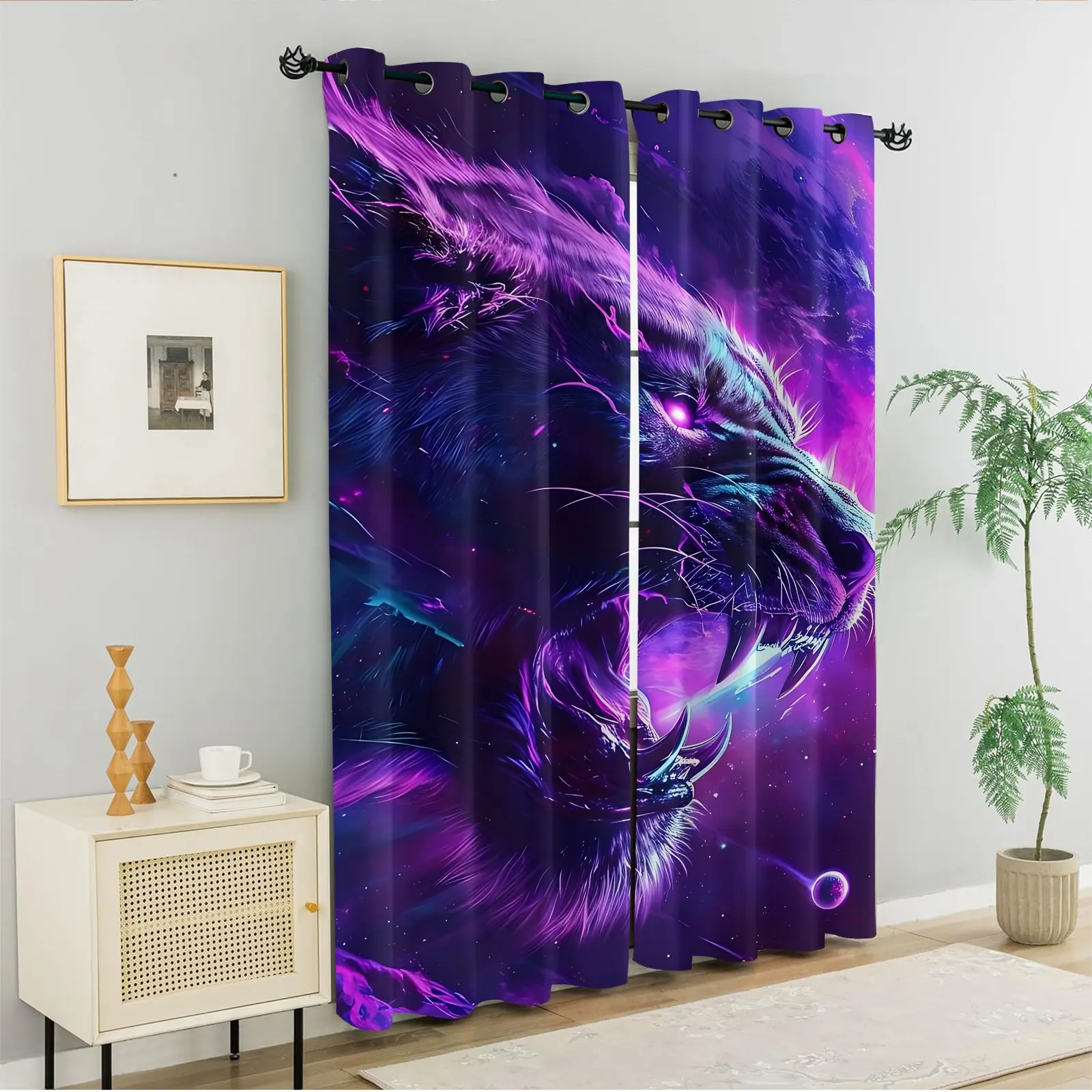 Neon Roaring Tiger Pattern Curtains, Light Blocking Privacy Protection, Soft Fabric, for Bedroom, Living Room, Game Room, Multiple Sizes Available, Great for Tiger Lovers. 2 Pack, Lightweight and Easy to Hang