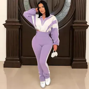 Women’s Color Block Patchwork Sports Set – Fashionable Casual High-Waist Pants + Cardigan Jacket (Two-Piece), Loungewear Tracksuit/Workout Running Outfit, Sporty Style, Thick Sweater Suit, Off-Shoulder Sweatshirt Set