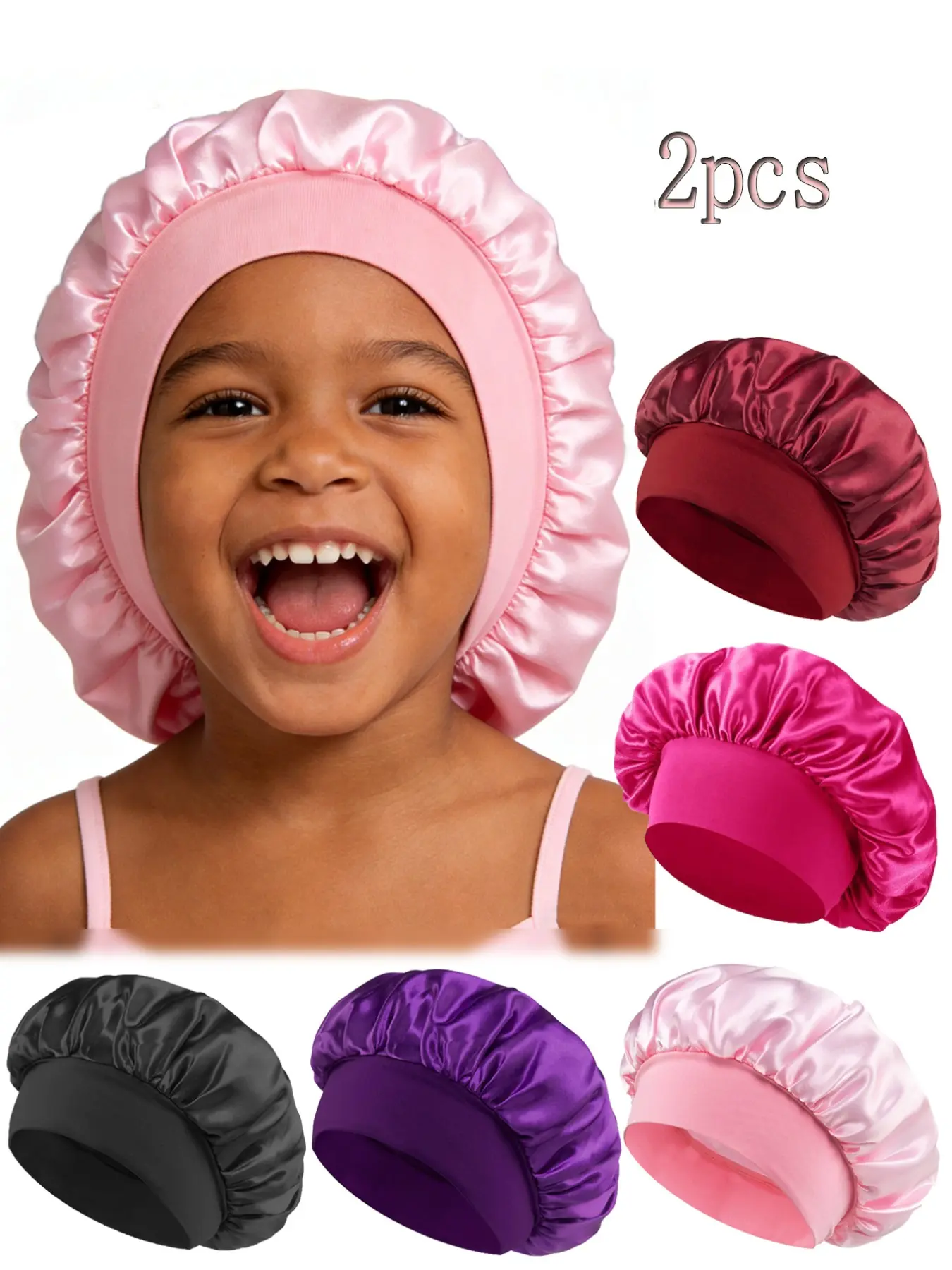 Two-Piece Set Satin Sleep Caps Kids Ages 3-8, Snug Fit, Multiple Colors Available, Elastic Silk-Like Material, Soft Comfortable Baby Hair Protection Hat