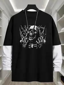 Men's Skull Print Round Neck Tee, Fashion Casual Loose Crew Neck Long Sleeve T-shirt for Daily Holiday Vacation Outdoor Wear, Men Clothes for All Seasons, Casual Streetwear Top, Top