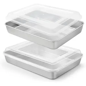 Baking Pan with Lid, 9 x 12 Inch Stainless Steel Lasagna Pan Deep, Rectangle Cakes Bakeware with Lid for Brownies Casseroles, Dishwasher Safe, Set of 2